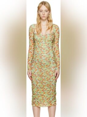 Ganni Mint Green and Orange Floral Ruched Long Sleeve Dress